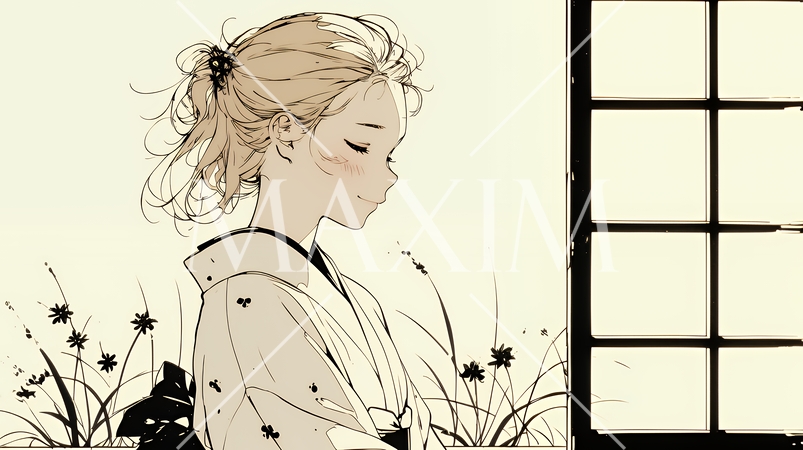 浴衣姿で夕涼みをしている若い女性（シンプルな色使い）