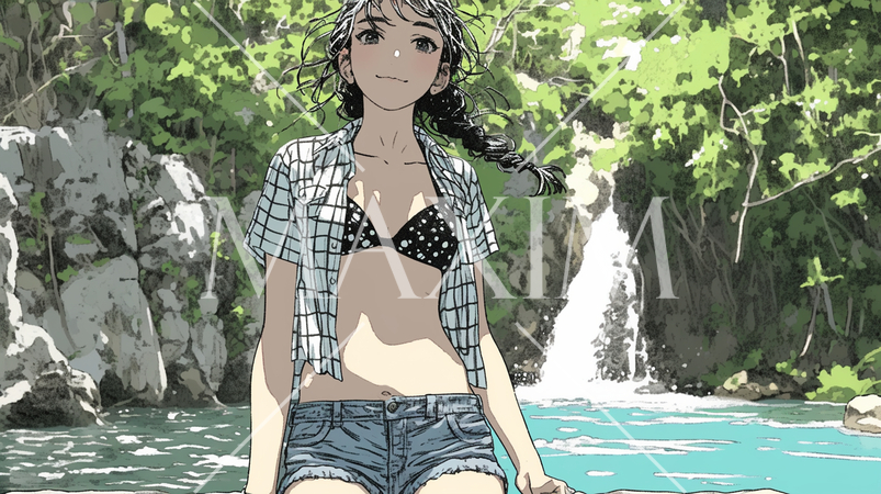 山原の森の滝の前にいるビキニ姿の若い女性