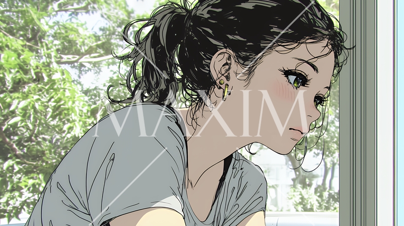 眉をひそめている女性：心配そうに窓の外を見つめている