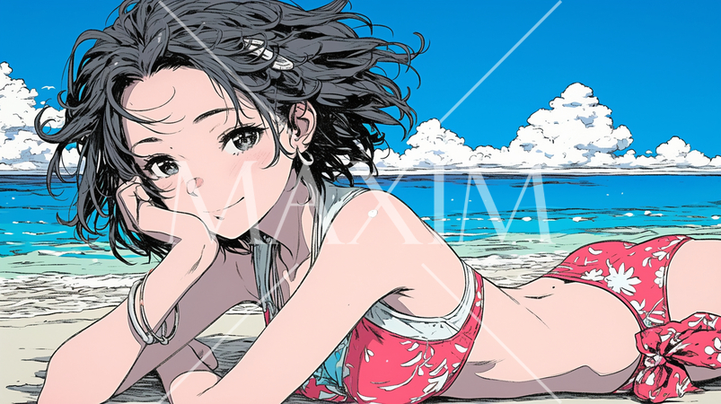 南国の海岸にビキニ姿でいる若い女性