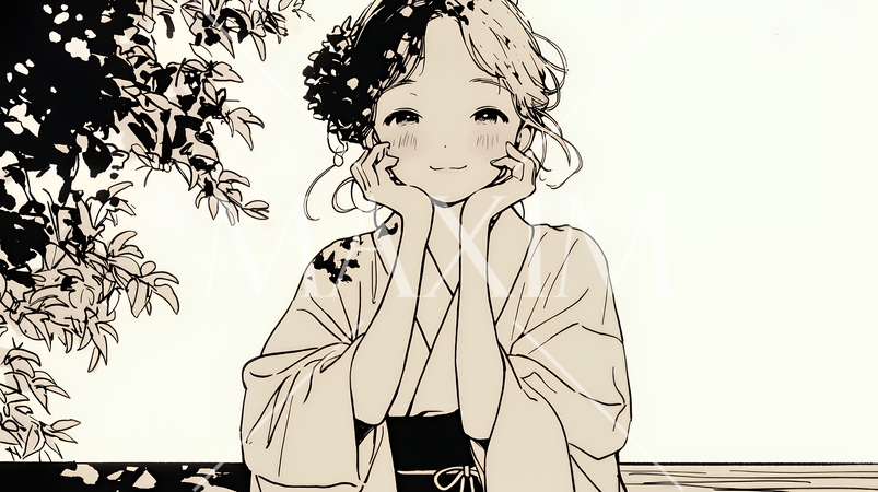 浴衣姿で夕涼みをしている若い女性（シンプルな色使い）