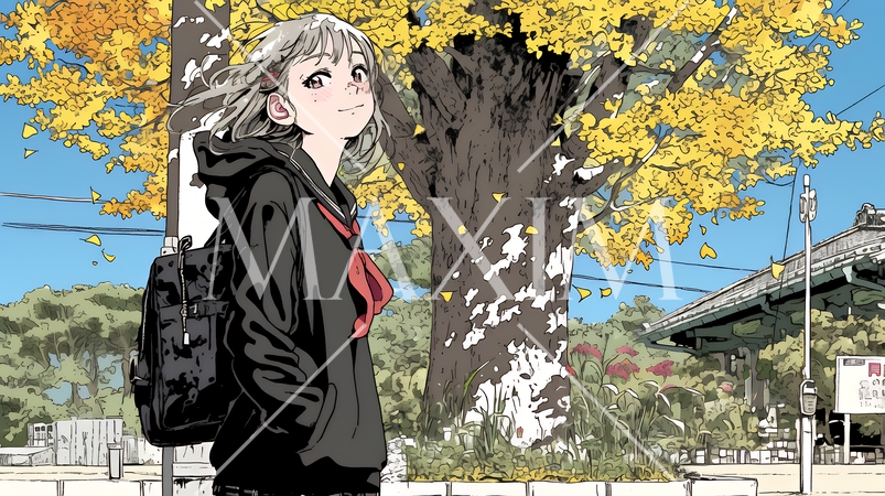 紅葉の道を通学する女子高生