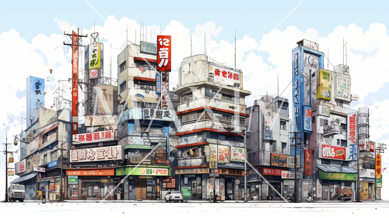 昼の秋葉原のビルの街並みの水彩画