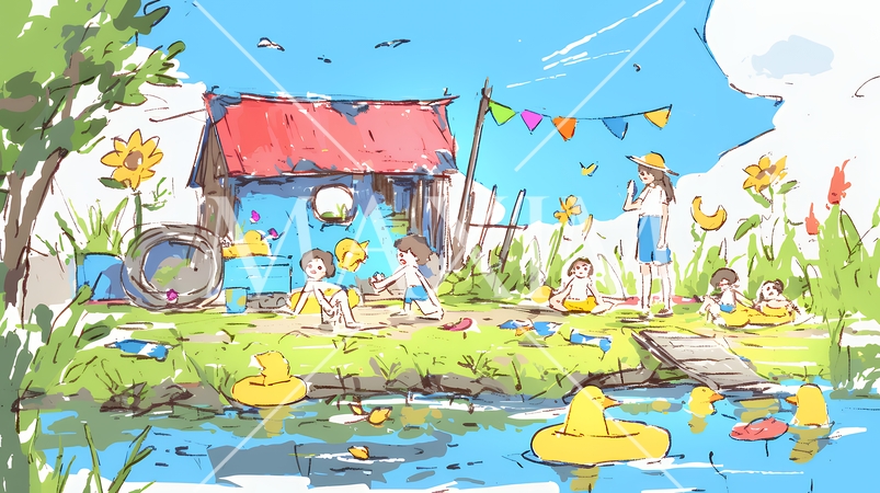 小学生の夏の思い出：川辺に遊びに行く（クレヨン＋水彩画風）