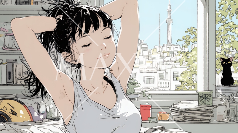 朝の目覚ましを止めて伸びをしている若い女性