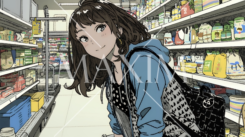 スーパーマーケットで買い物をしている若い女性