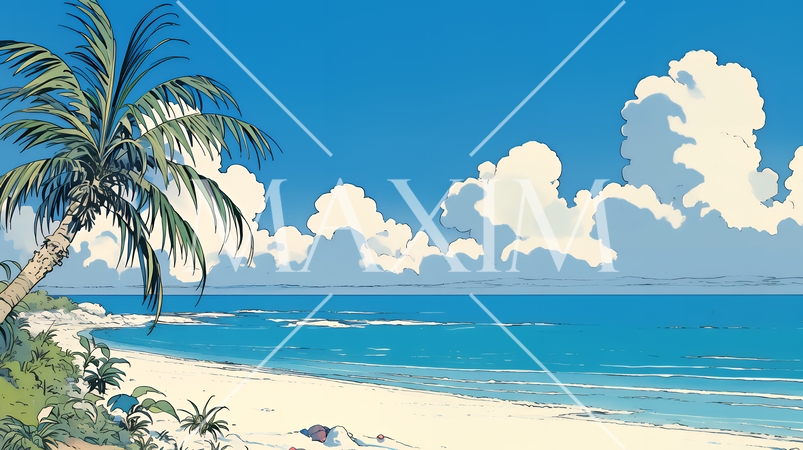 やしの木と海岸と海と青空がきれいな南国のリゾート：コピースペースあり