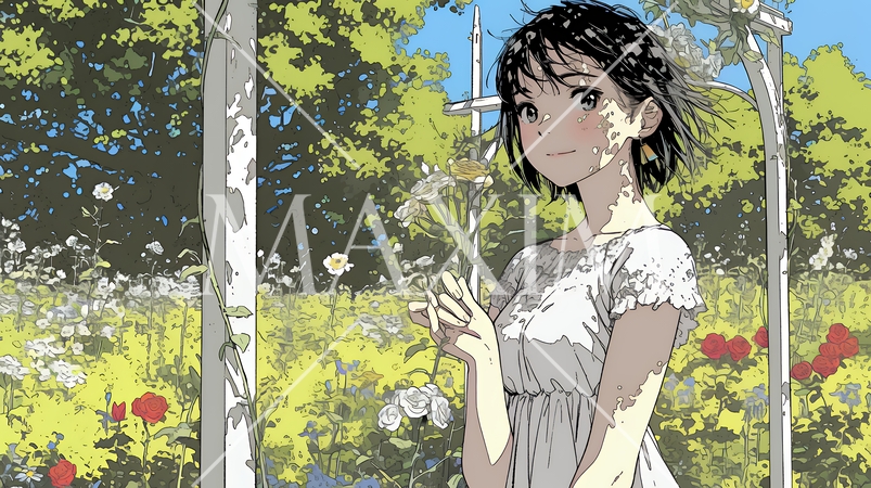 バラ園を散策している若い女性