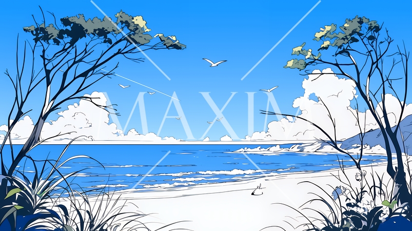 夏のビーチの風景（シンプルな色使い）