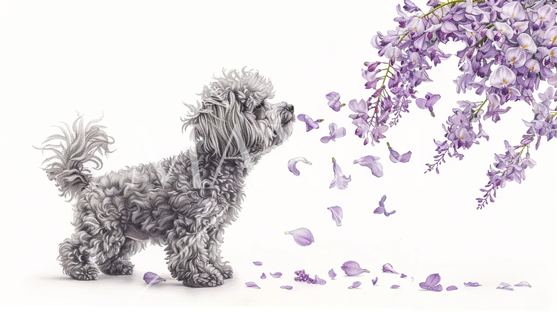 トイプードルと散りゆく藤の花：鉛筆＋水彩