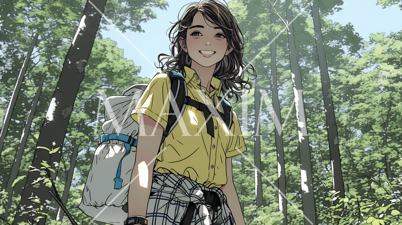 初夏の森でトレッキングを楽しむ若い女性｜新緑とアウトドアの爽やかなライフスタイル