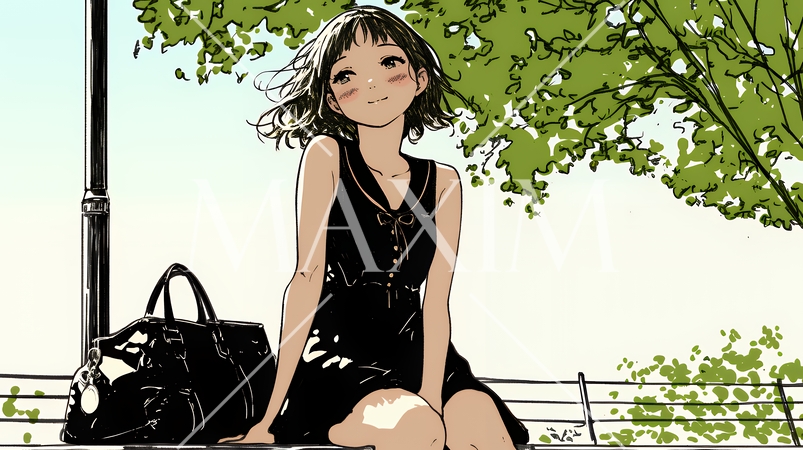 公園のベンチでひとり静かにくつろぐ若い女性（シンプルな色使い）