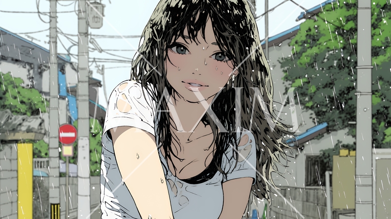 夏の急な雨でびしょ濡れの若い女性