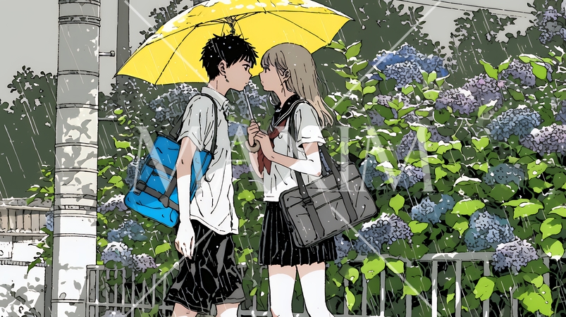 満開のあじさいの中を仲良く相合い傘で歩く若いカップル