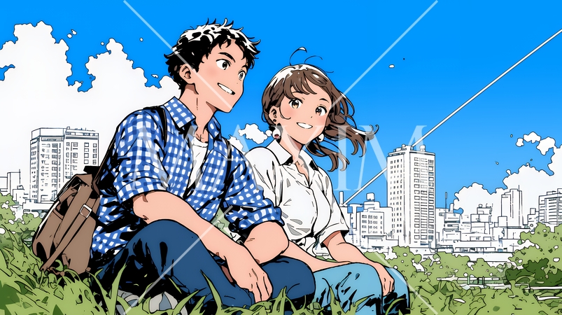 新緑の芝生が広がる都会の公園でくつろぐ若い男女