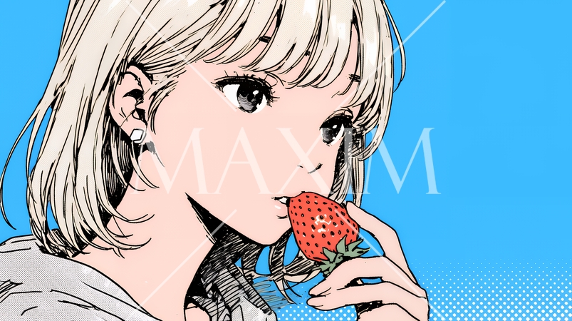 イチゴを摘んで食べている若い女性