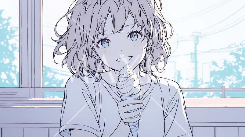 夏空の下でソフトクリーム（コーンに乗ったアイスクリーム）をたべる若い女性（シンプルな色使い）