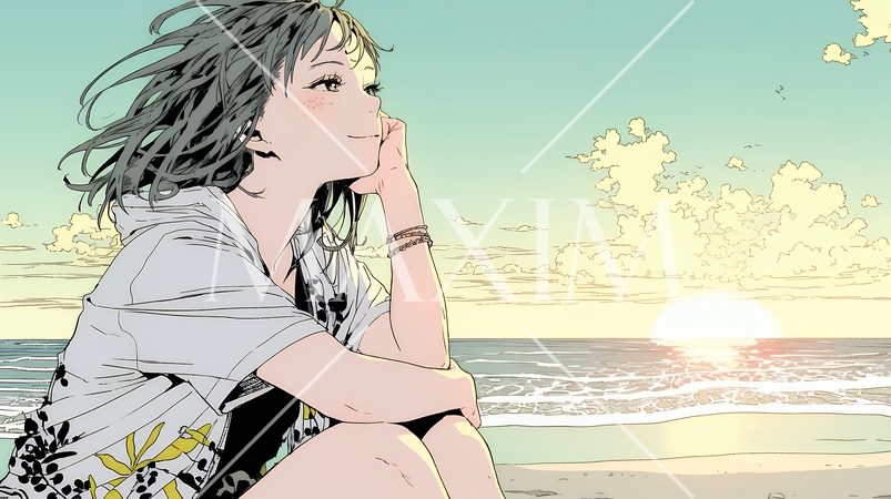 のんびり・ゆったり：夏のビーチで夕日を眺める若い女性