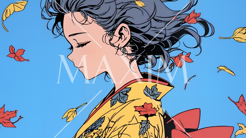 紅葉に包まれた中、着物を纏った若い女性が佇んでいる