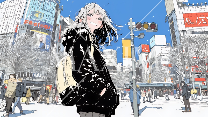 雪の積もる冬の都会を散策している若い女性