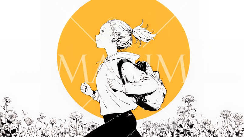 夕方の街並みを背景にジョギングをする若い女性（シンプルな色使い）