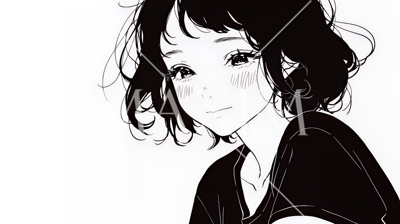 悲しげな目で微笑む（Smiling with sad eyes）若い女性（シンプルな色使い）