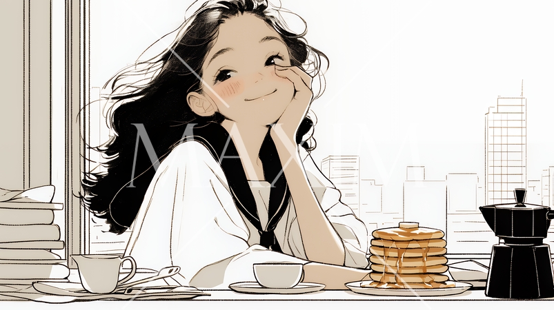 早朝のダイナー（喫茶店）でパンケーキ（モーニングセット）を食べる若い女性（シンプルな色使い）