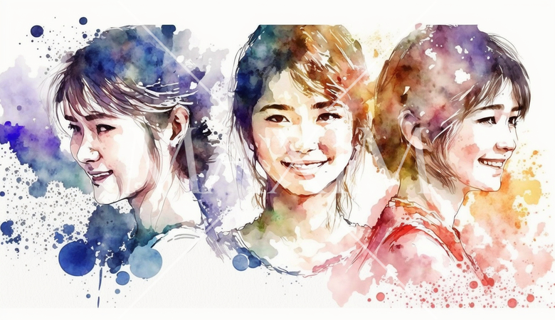 笑顔の若い女性たち：水彩画