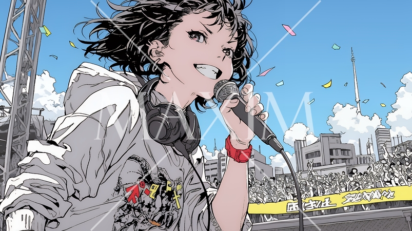 ステージでマイクを握り、情熱的に歌い上げる女性