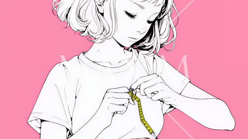 ウェストライン（腰回り）をチェックしている女性（シンプルな色使い）