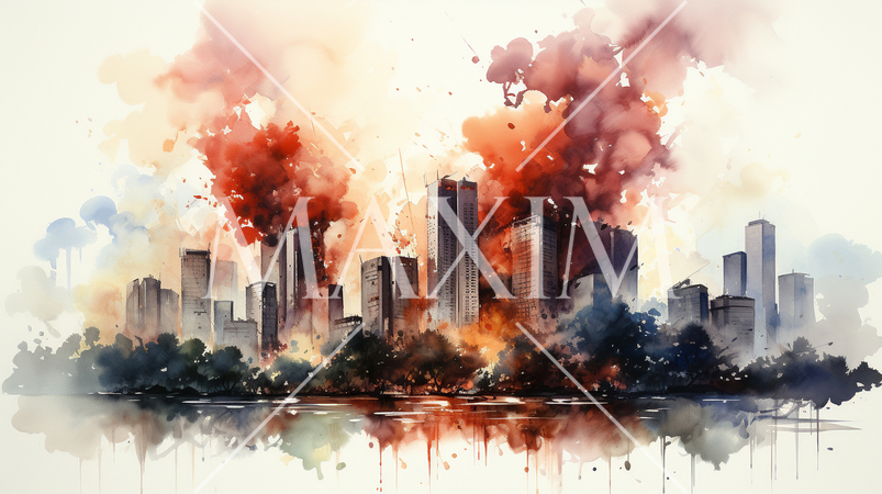 高層ビルの火災の水彩画