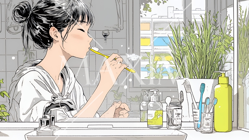 洗面所で朝の歯磨きをする若い女性