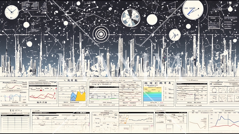 様々なチャートや数値表など様々な計量指標がランダムに空間に散りばめられた背景