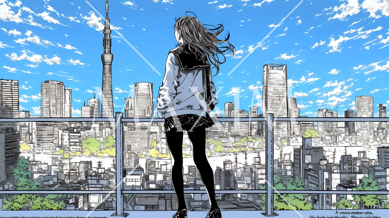 都市のランドスケープを眺めている若い女性