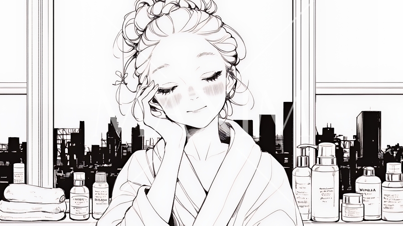 スキンケアを念入りに行う若い女性（シンプルな色使い）