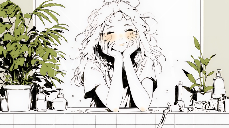 洗面所で朝の洗顔をする女性（シンプルな色使い）