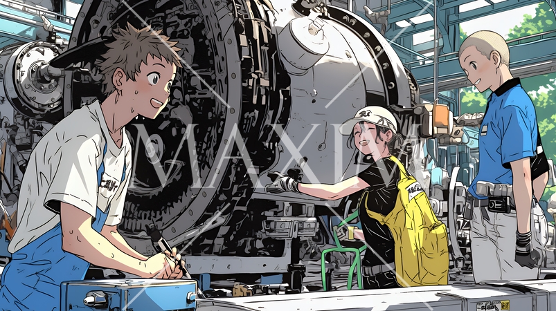 OJT：工場環境で機械の操作方法をチームメンバーに集中した表情で教える監督者