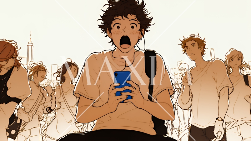 スマホの画面を見て驚いている若い男性（シンプルな色使い）