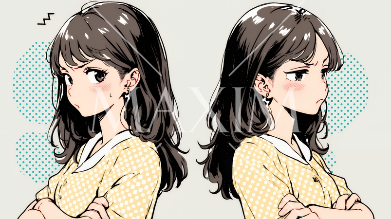 頬を膨らませ、腕を組んでイライラしている女性