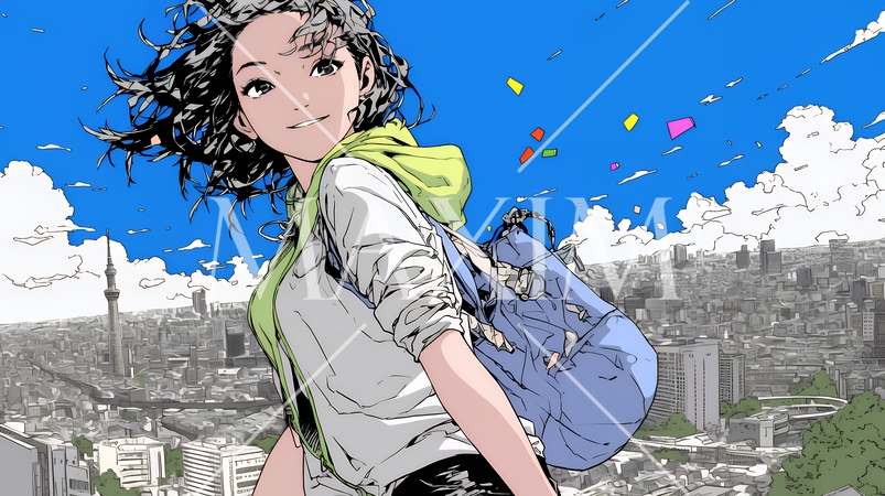 若い女性と都会のランドスケープ