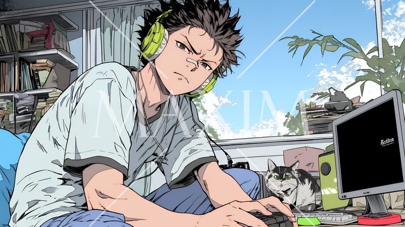 対戦型テレビゲームに没頭している若い男性