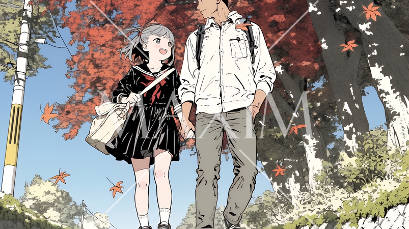 紅葉の小径を仲良く歩く少女と父親