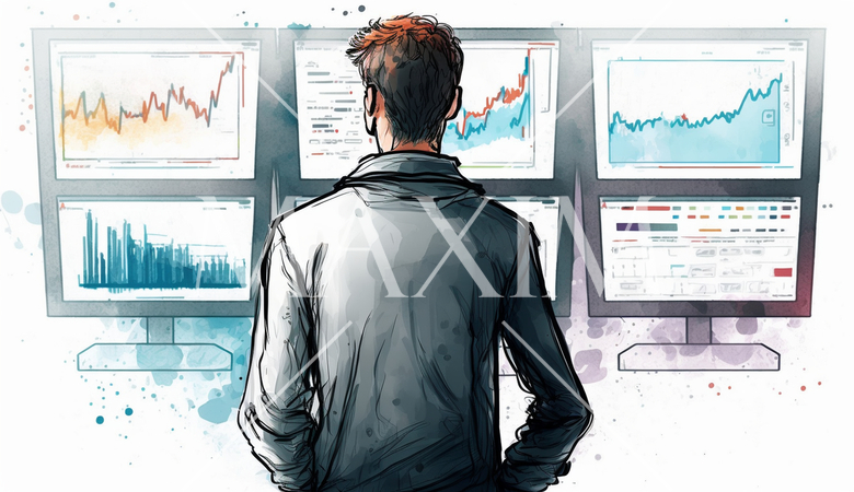 モニターに表示された株価チャートと注文画面を見つめる男性トレーダーの後ろ姿。
