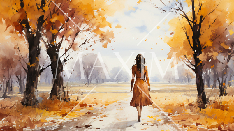 若い女性がいる秋の公園：木々が色づいている水彩画