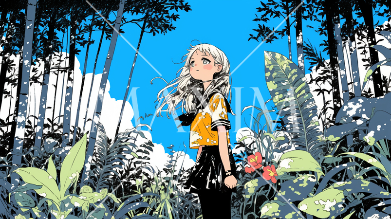 晴れた夏の日、若い女性が沖縄の山を散策中