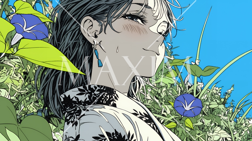 アサガオと浴衣姿の若い女性