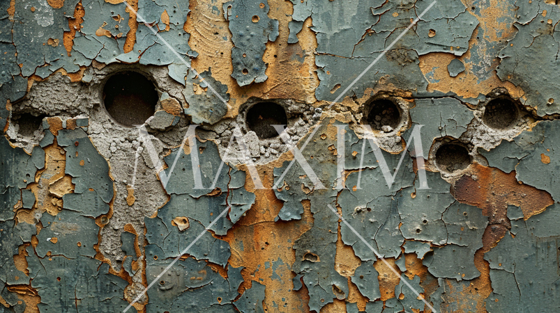 弾痕のようにひび割れて鉄筋のさびがにじみ出ているコンクリート壁のイメージ：精緻CG