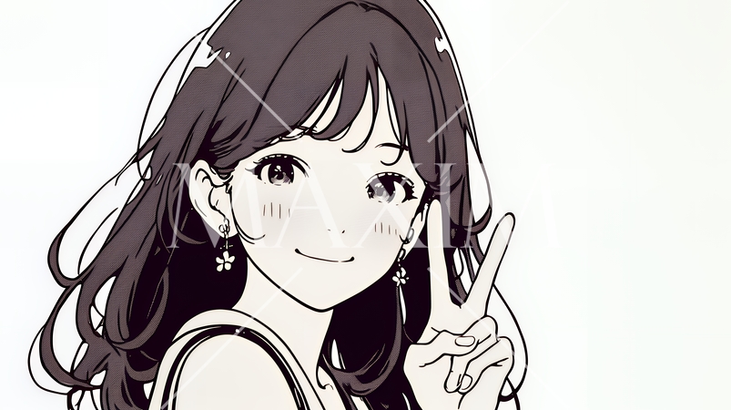 笑顔でピースサインを見せる若い女性（シンプルな色使い）