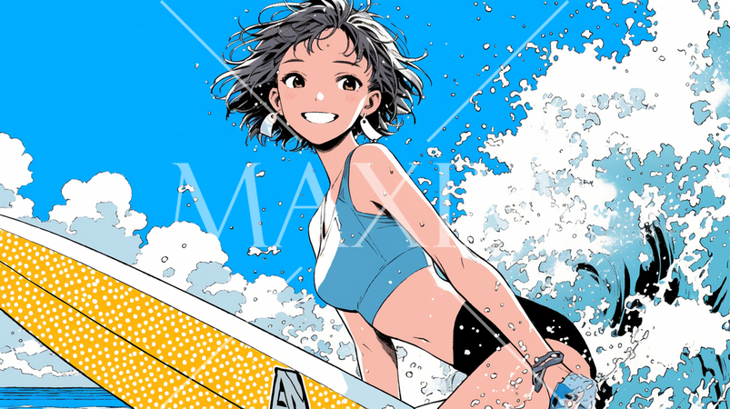 ライフセーバーもしくは南国の海で晴れた日にサーフィンをしている若い女性