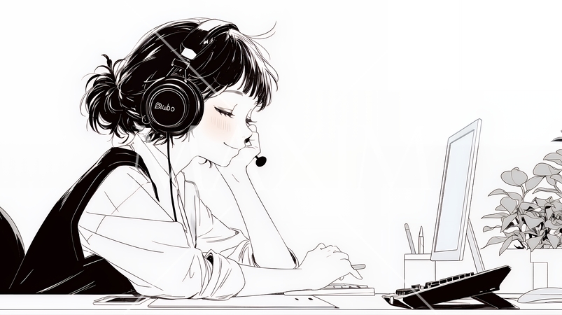 近代的なコールセンターのオフィスで働く女性オペレーター（シンプルな色使い）